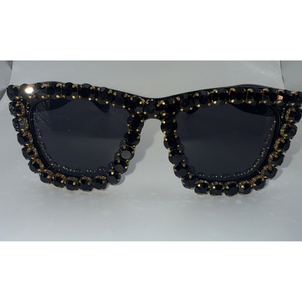 OVERSIZED Square Black & Gold Crystal Studded Sunglasses Black Frame Hand Made - Picture 2 of 4